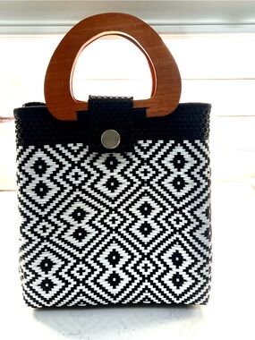 Black & White Geometric Woven Tote with Wooden Handle